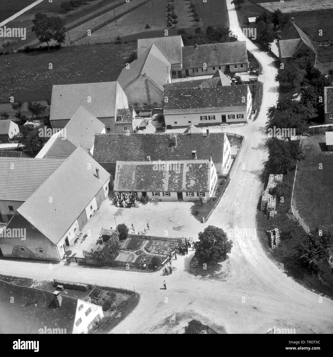 wedding party at Merzingen, aerial photo in the year 1960, Germany, Bavaria, Swabia, Merzingen Stock Photo
