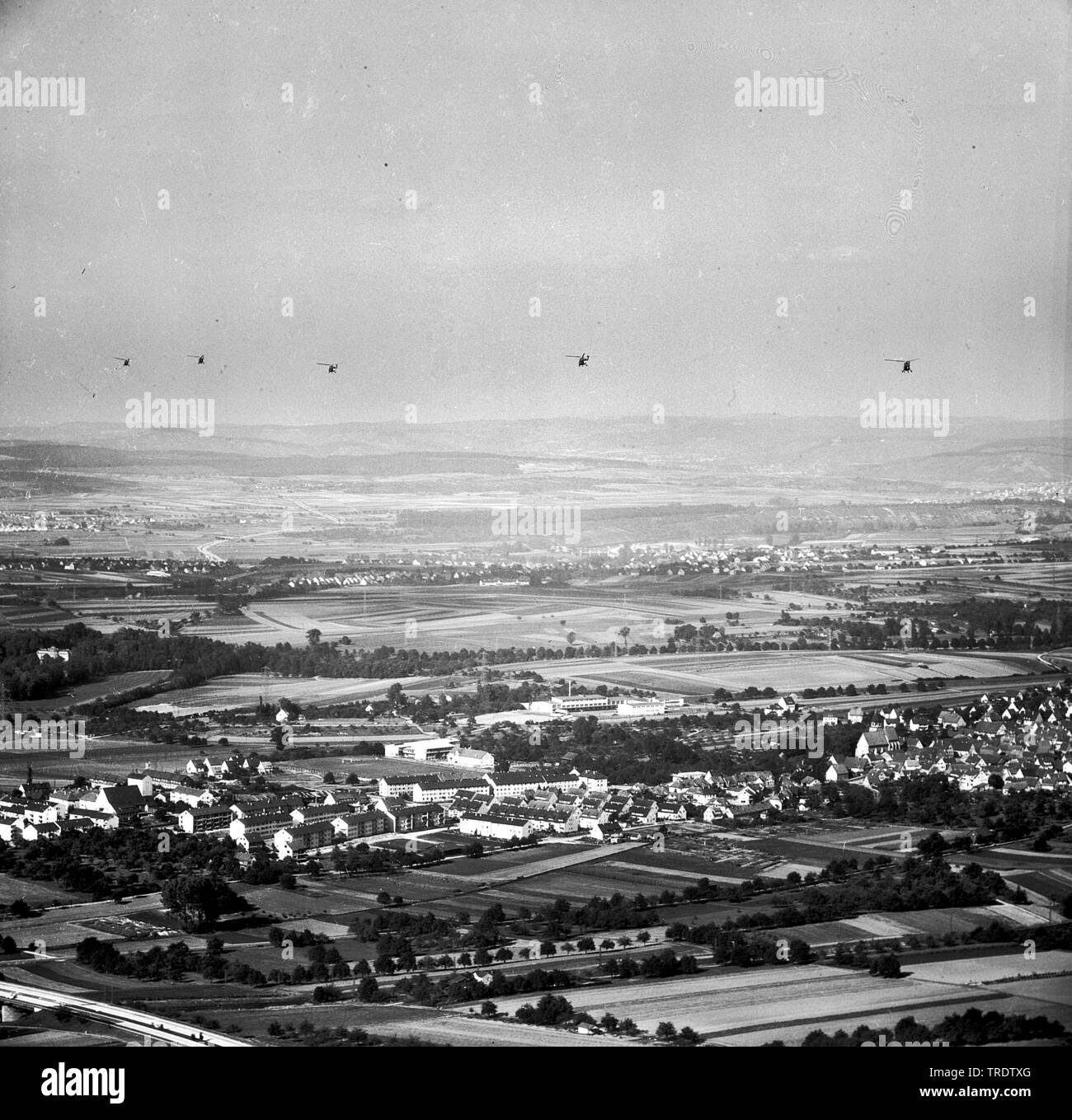 helicopter formation over Asperg North of Stuttgart, aerial photo around the year 1960, Germany, Baden-Wuerttemberg Stock Photo