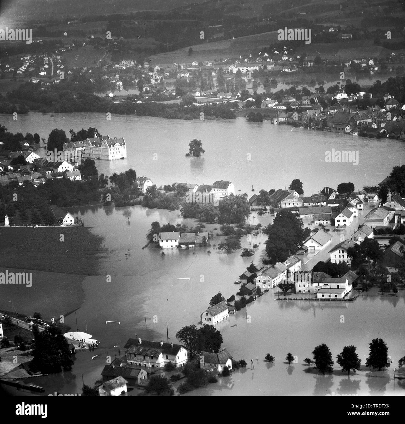 flooded area by high water of Danube river in Passau in the year 1959, aerial photo, Germany, Bavaria, Niederbayern, Lower Bavaria, Passau Stock Photo