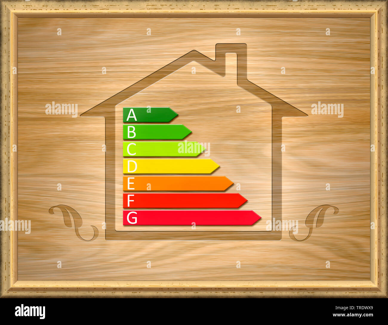 Sign of European Union energy label for a residental house against background out of wood veneer Stock Photo