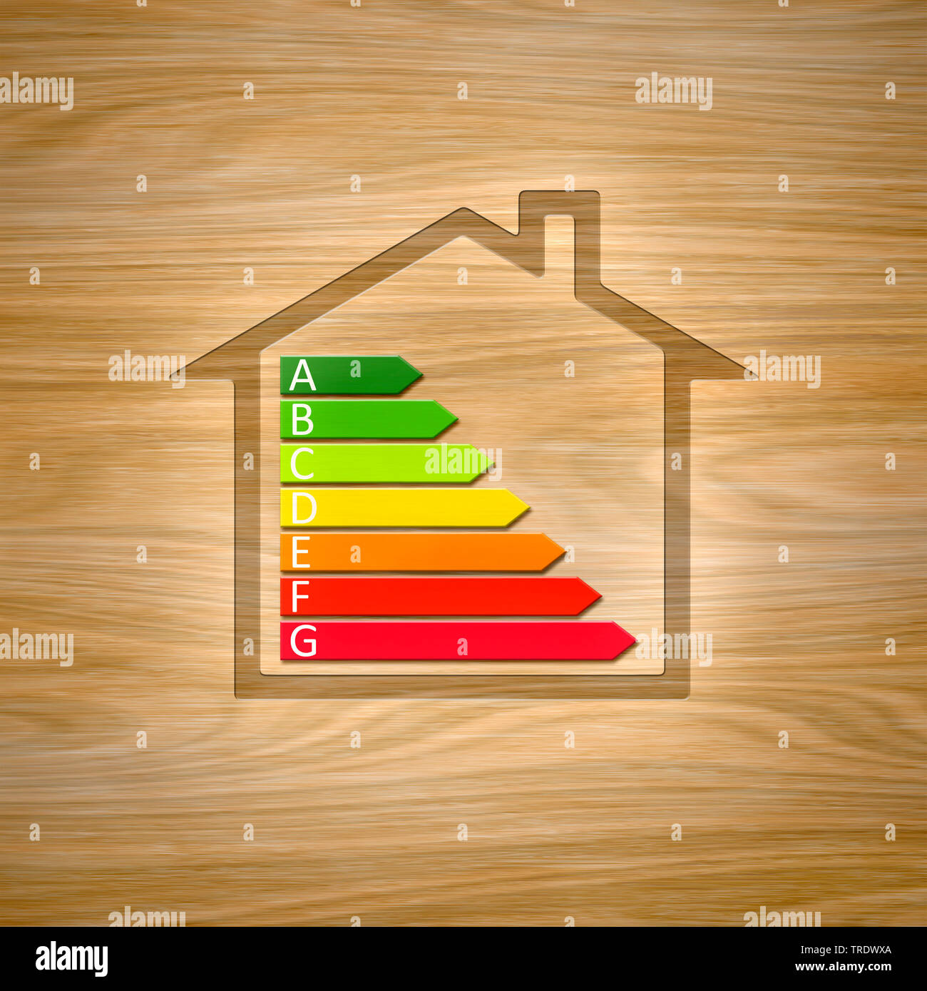 Sign of European Union energy label for a residental house against background out of wood veneer Stock Photo