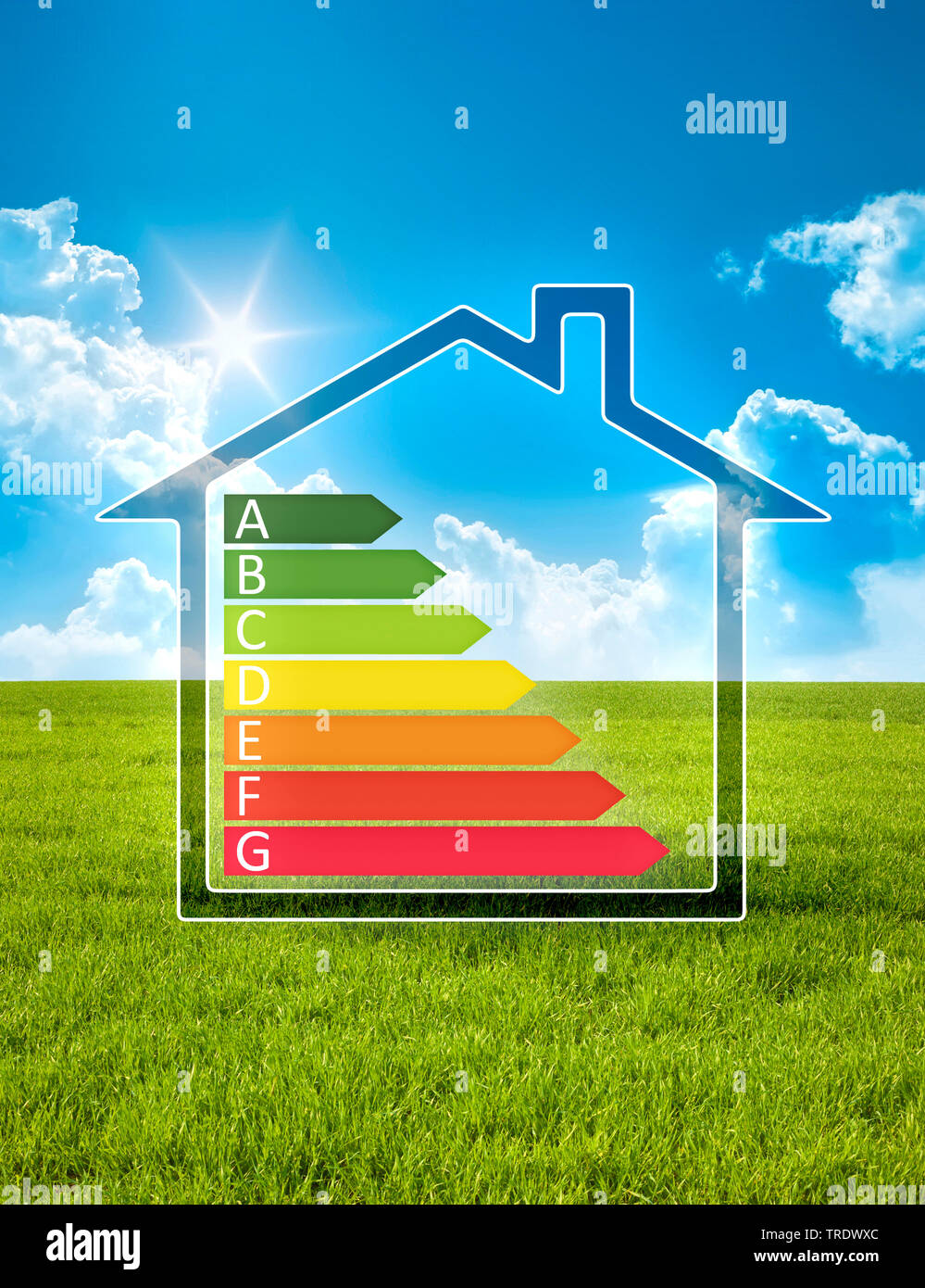 Sign of European Union energy label for a residental house against background of green landscape Stock Photo