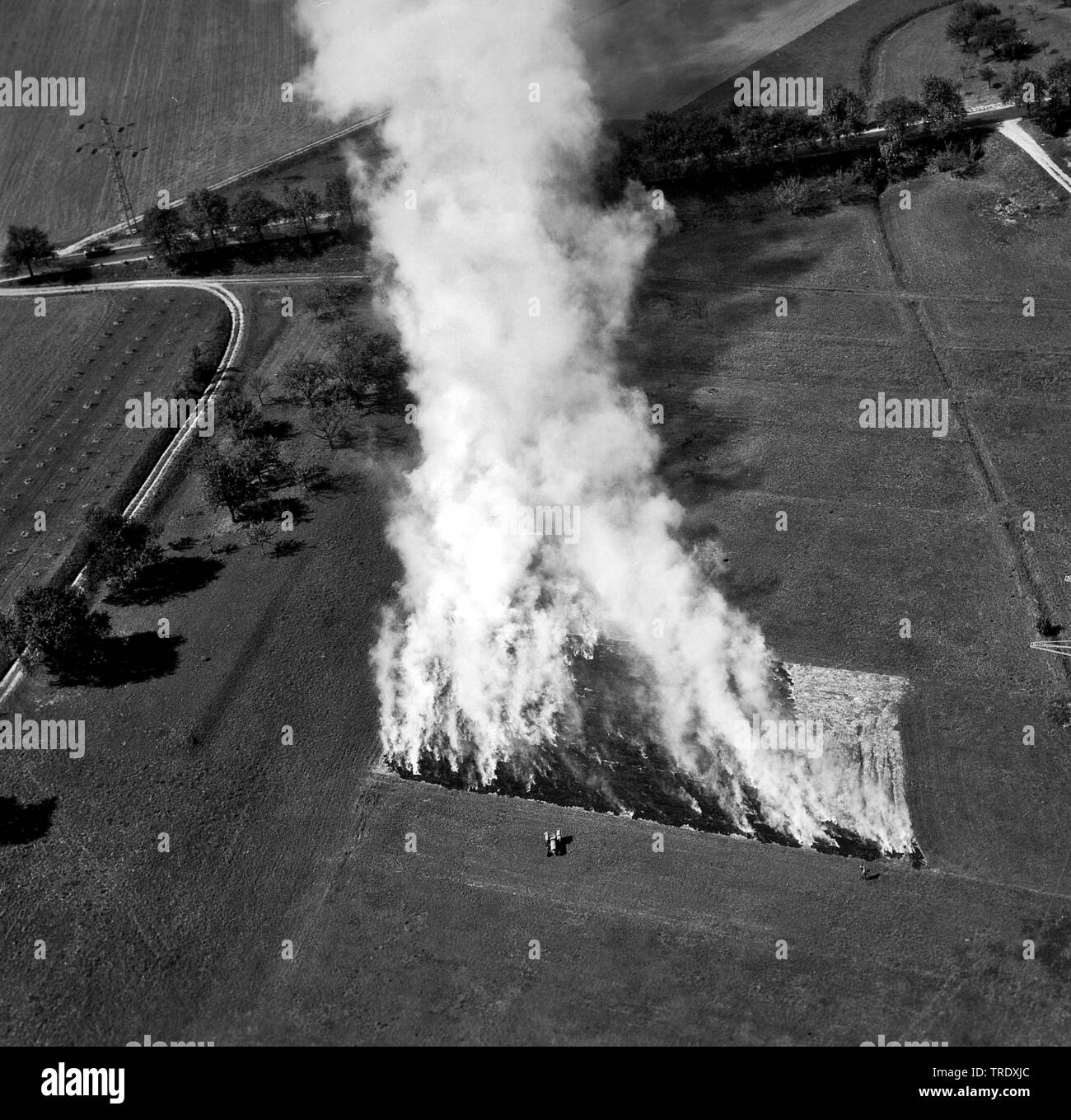 burning field, aerial picture from the year 1960, Germany Stock Photo