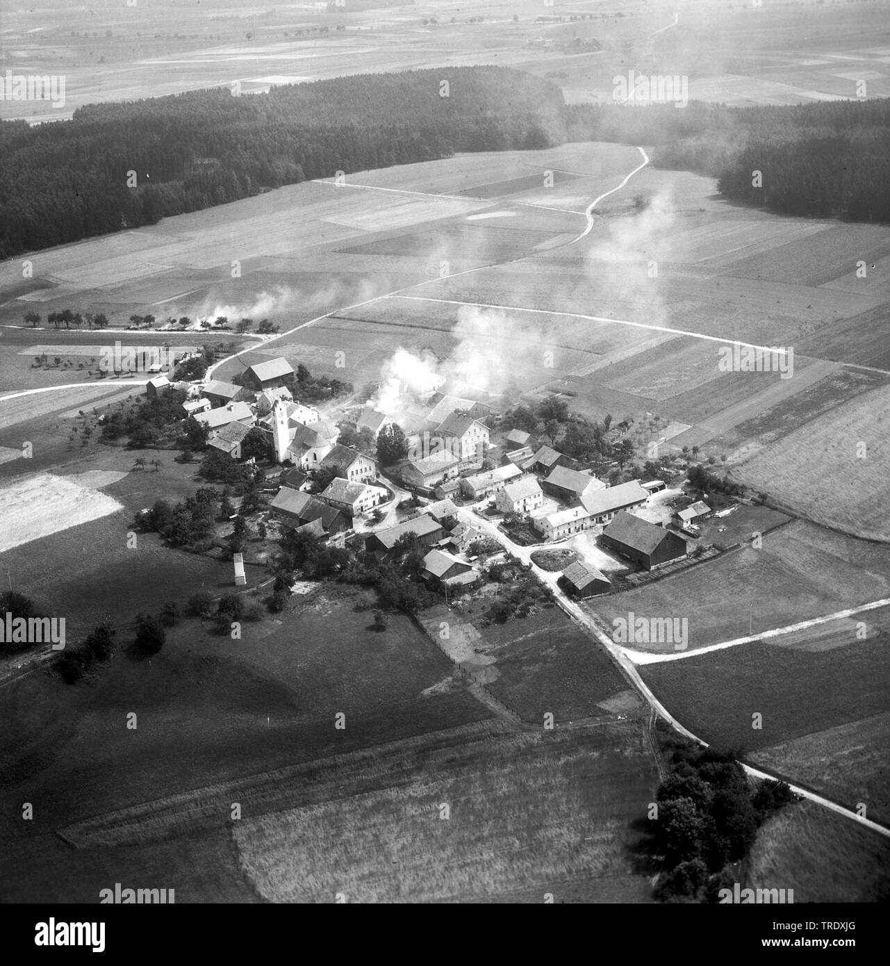 burning house in Kirchbruck at Kinding, aerial photo from the year 1960, Germany, Bavaria Stock Photo