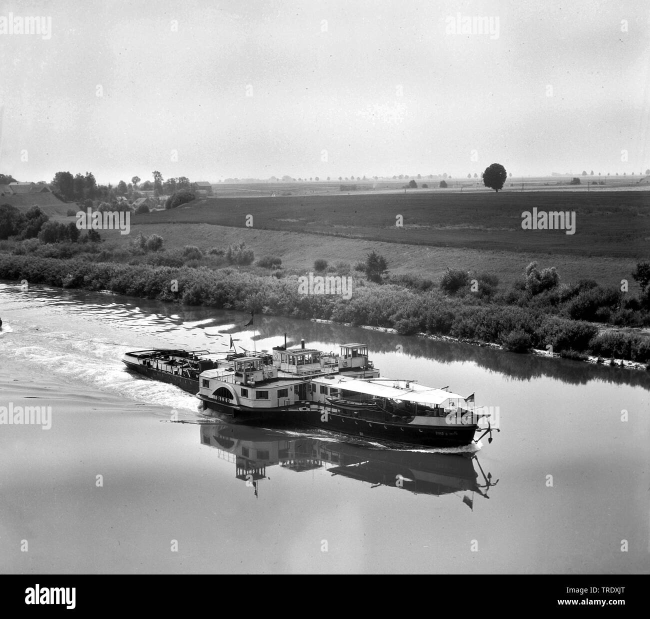 paddlewheeler on Danube river, aerial photo from the year 1960, Germany, Bavaria Stock Photo