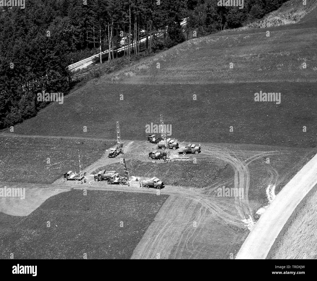 oilwell drilling at Ameramg, aerial photo from the year 1960, Germany, Bavaria Stock Photo