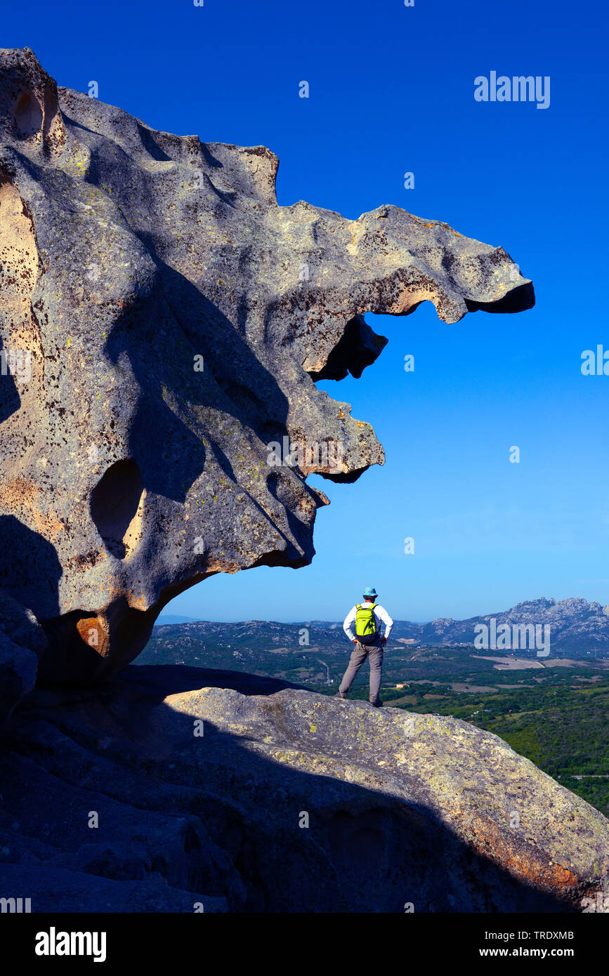 wanderer standing at weirdly shaped rock formation, Capo d'Orso, Italy, Sardegna, Olbia Stock Photo