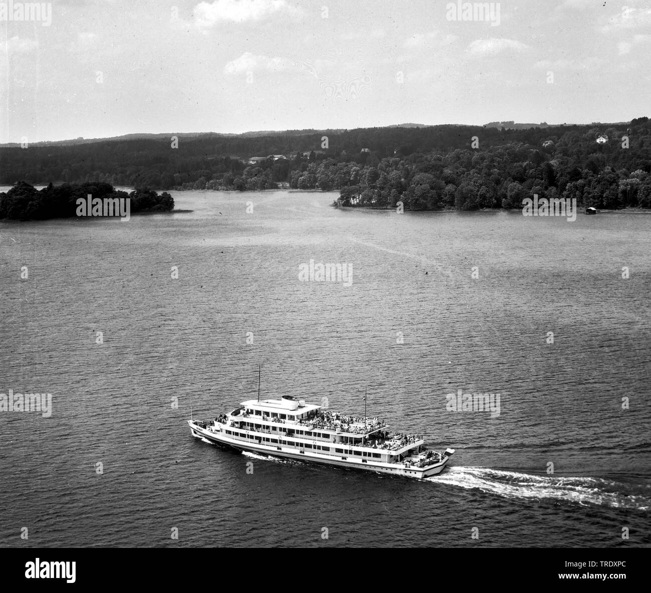 passenger ship Seeshaupt on lake Starnberg, aerial photo from the year 1961, Germany, Bavaria Stock Photo