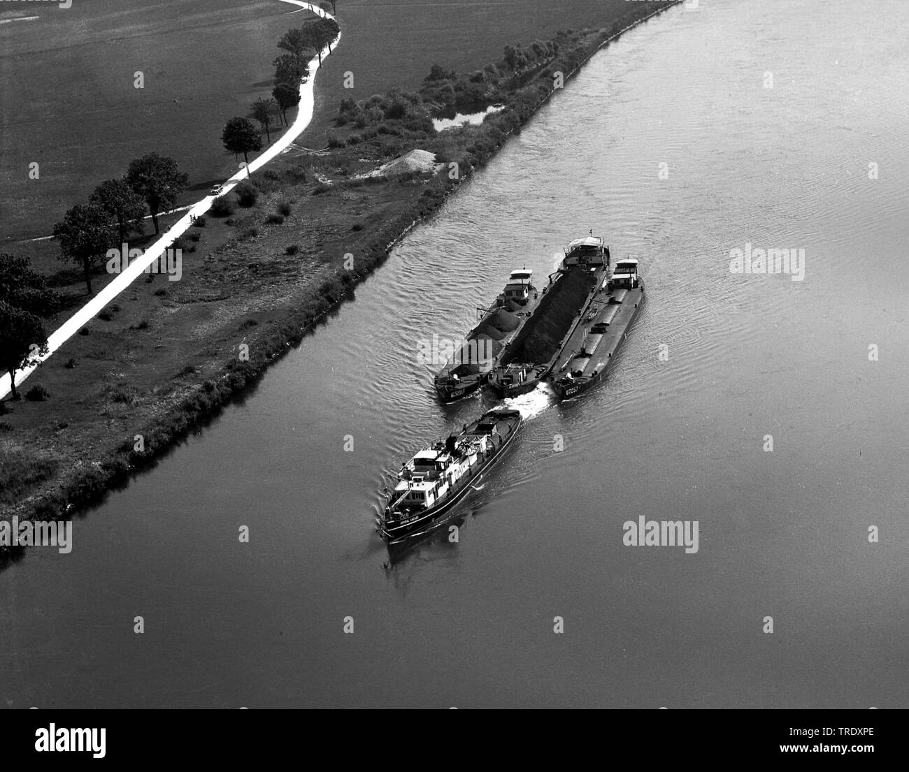 coal barge on river Danube, aerial photo from the year 1961, Germany, Bavaria Stock Photo