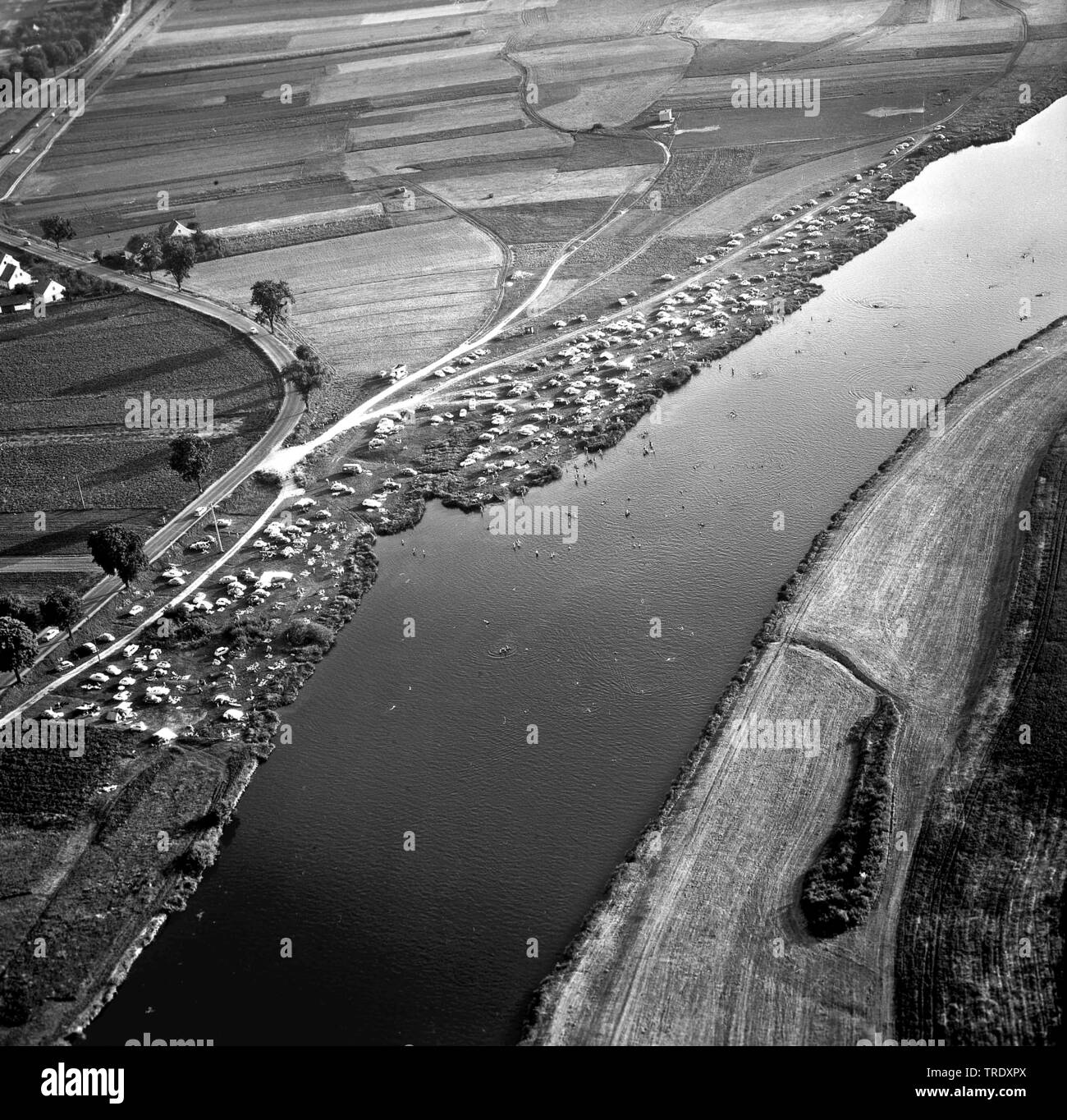 persons bathing in river Regen North of Regensburg, aerial photo from 02.09.1961, Germany, Bavaria, Ratisbon Stock Photo