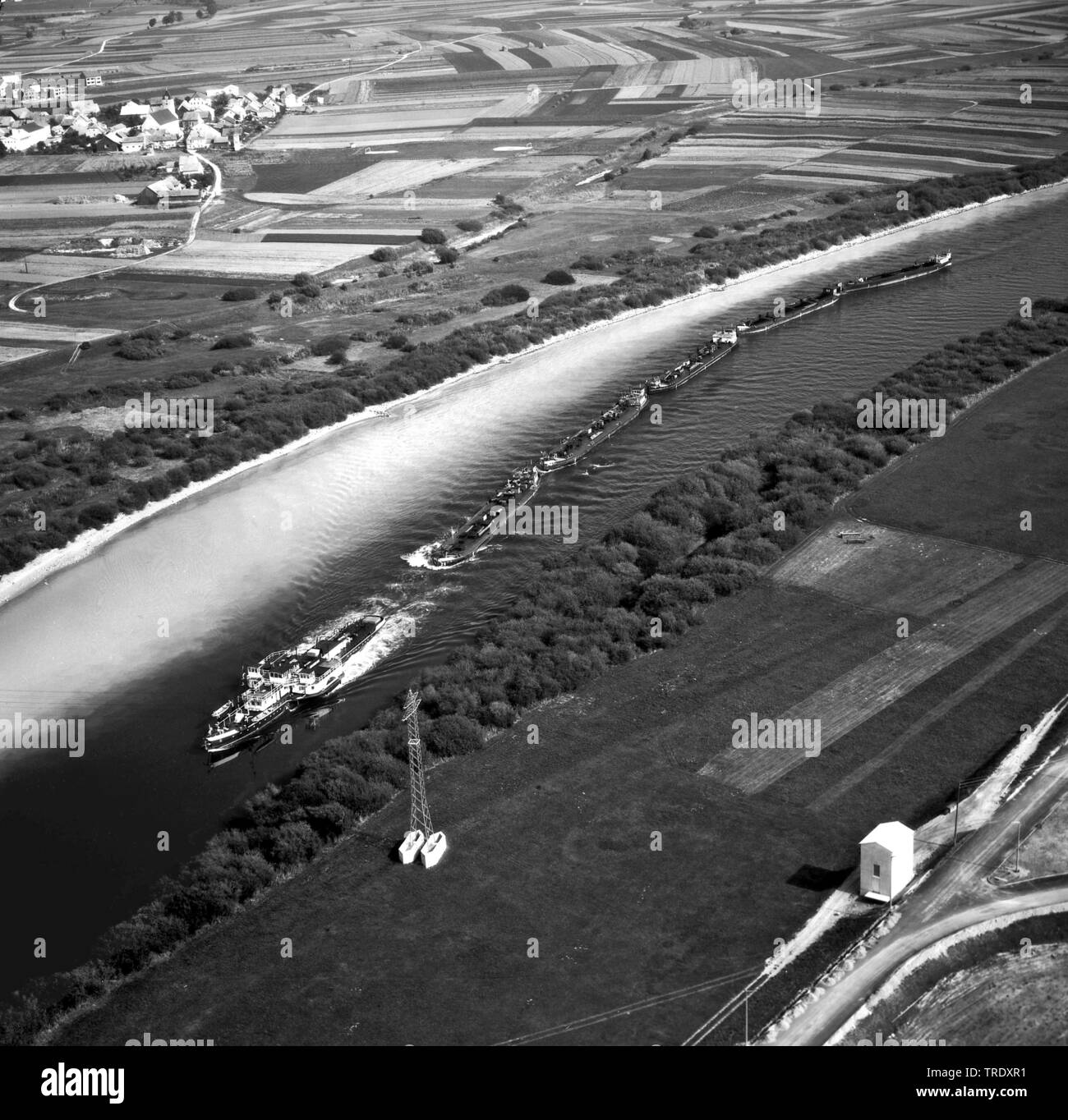 cargo ships on river Danube East of Regensburg, aerial photo from 29.09.1961, Germany, Bavaria, Ratisbon Stock Photo