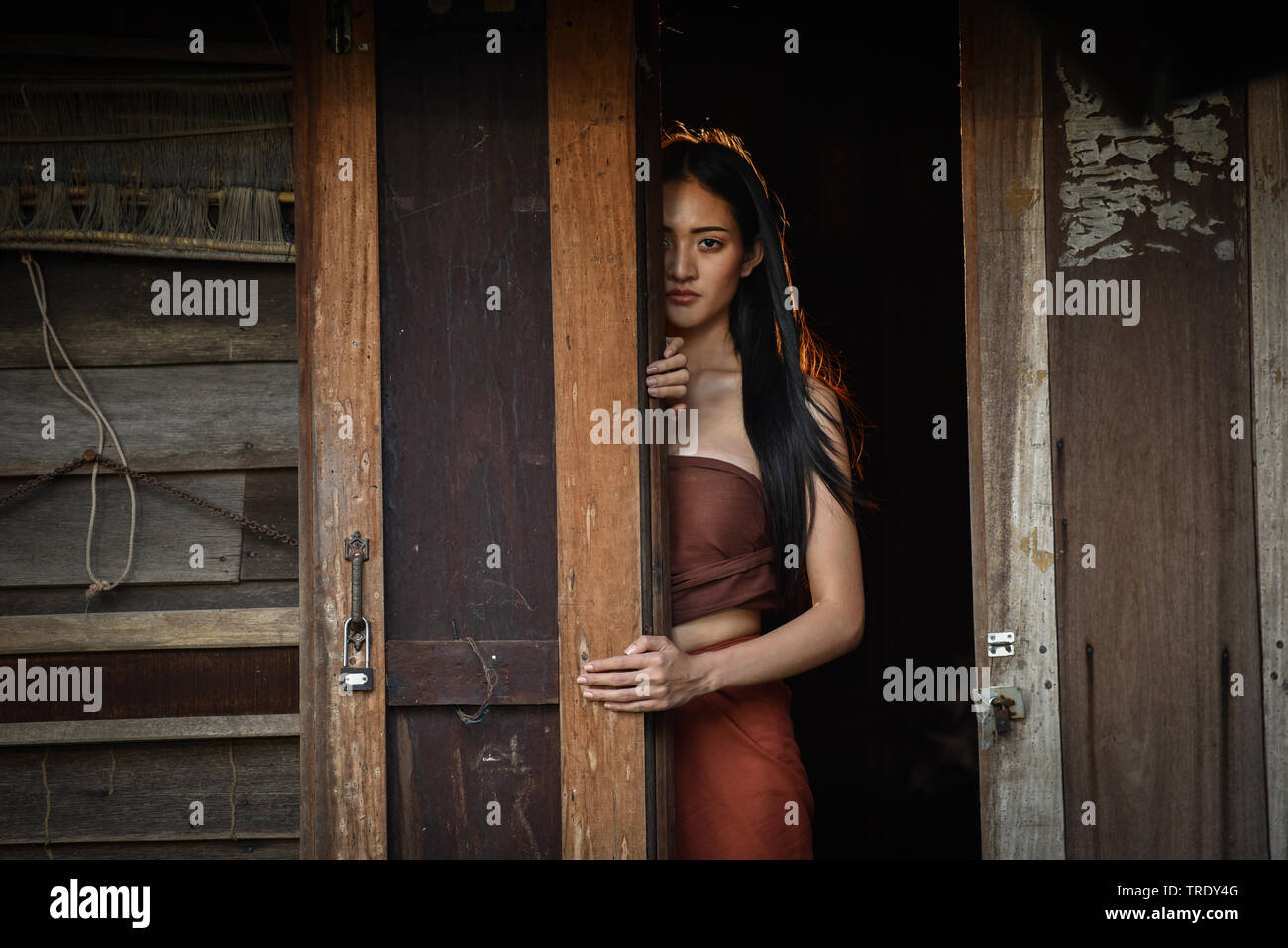 Woman Ghost Drama Standing On Old Door In Wooden Thai House Horror Legend Of Mae Nak Phra 