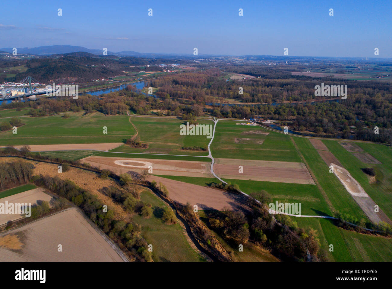 aerial view of Isar floodplains, Germany, Bavaria, Niederbayern, Lower Bavaria, Deggendorf Stock Photo