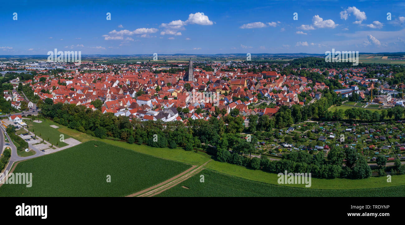 aerial view of village Noerdlingen with medieval town wall, Germany, Bavaria, Swabia, Noerdlingen Stock Photo