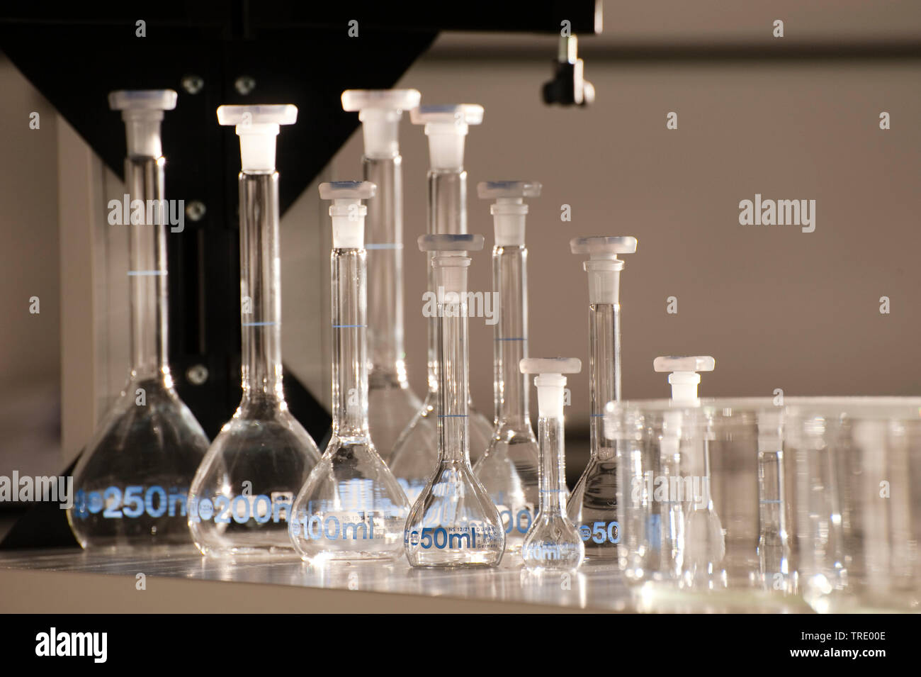 Serveral different conical flasks and beaker glasses on a laboratory bench Stock Photo