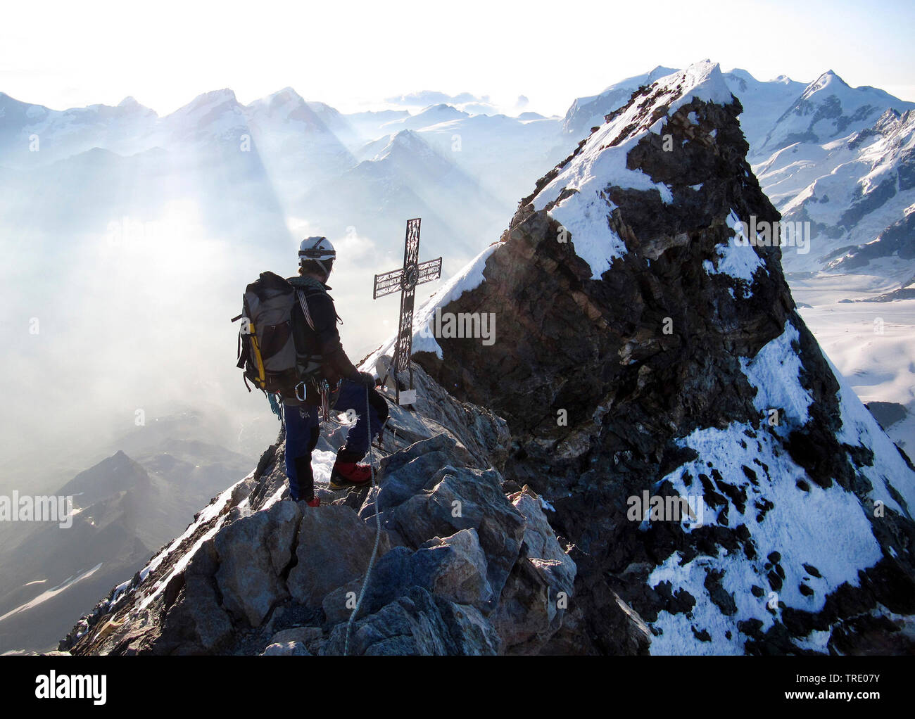 Alpinist on the top of the Matterhorm in the Swiss Alps, Switzerland, Switzerland, Switzerland Stock Photo