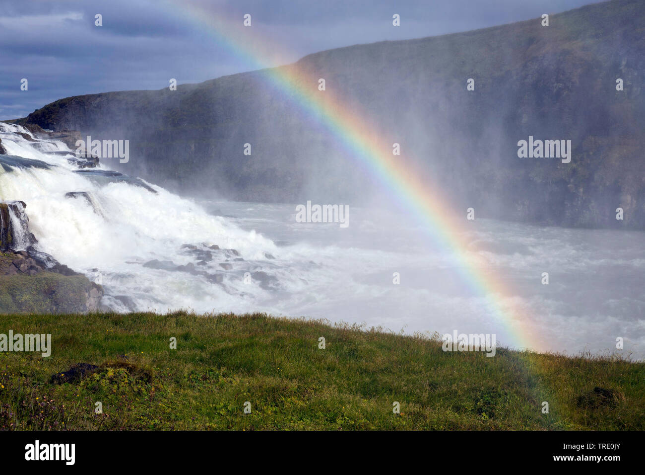 Gullfoss, Golden Falls with rainbow, Iceland, Haukadalur Stock Photo