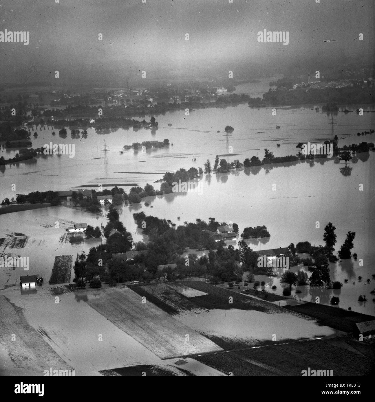 high water at river Salzach at Tittmoning, historical aerial photo from the year 1959, Germany, Bavaria Stock Photo