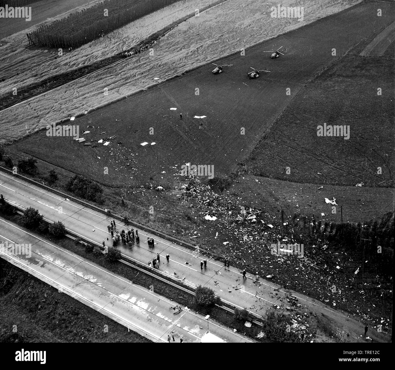 air crash of a Vickers Viscount of British Eagle Internationals Airways at Langenbruck az highway A 9, historical aerial photo, 9.8.1968, Germany, Bavaria, Oberbayern, Upper Bavaria, Langenbruck Stock Photo