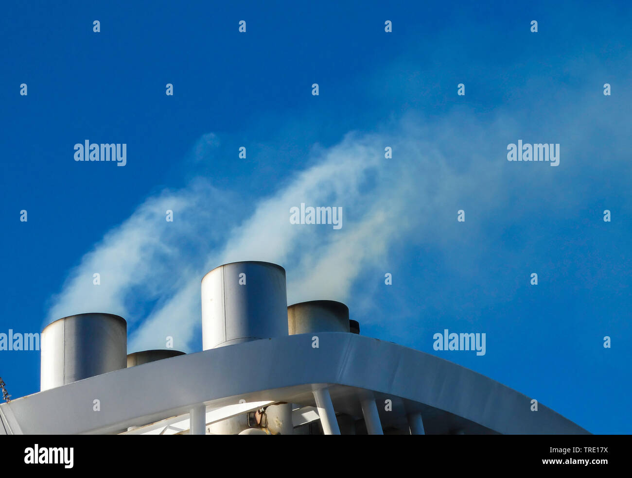 exhaust over ferry, Norway, Vestfold, Oslofjord Stock Photo