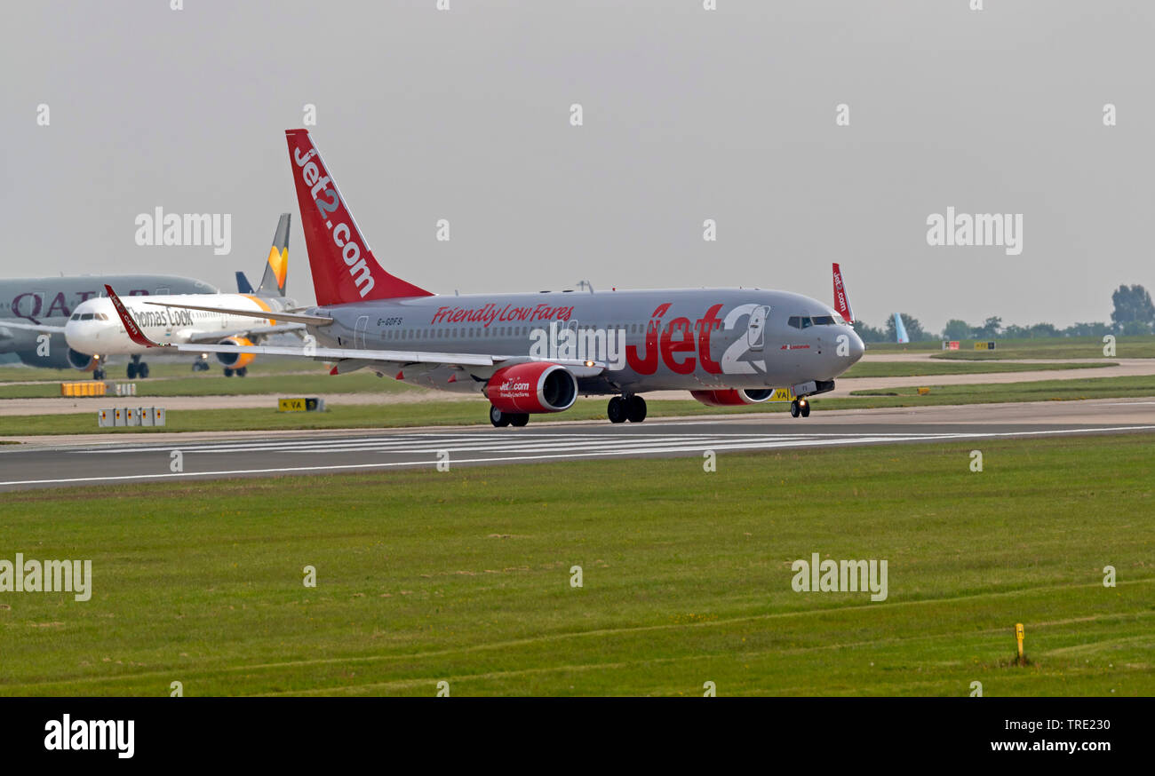 Jet2 Boeing 737-86N, G-GDFS, taxying for take off position at Manchester Airport Stock Photo