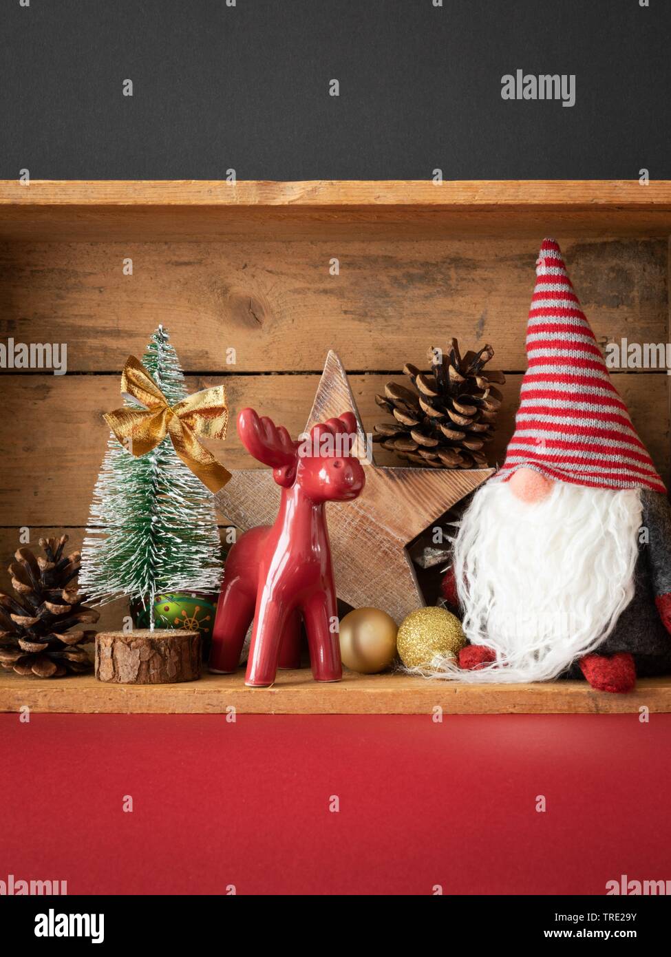 wooden box with Christmas tree, Rudolph the reindeer and Santa Claus, christmas decoration Stock Photo