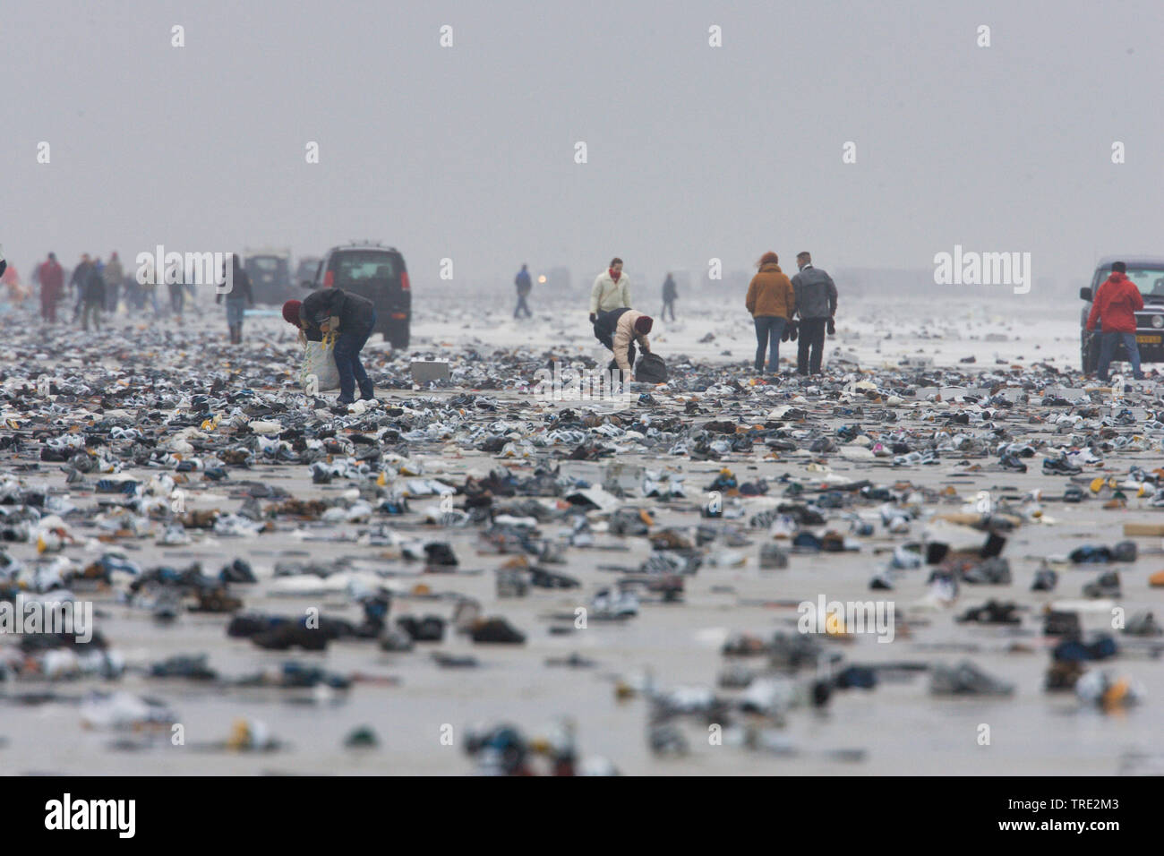 People collecting cargo spill on the beach, 10.02.2006, Netherlands, Terschelling Stock Photo