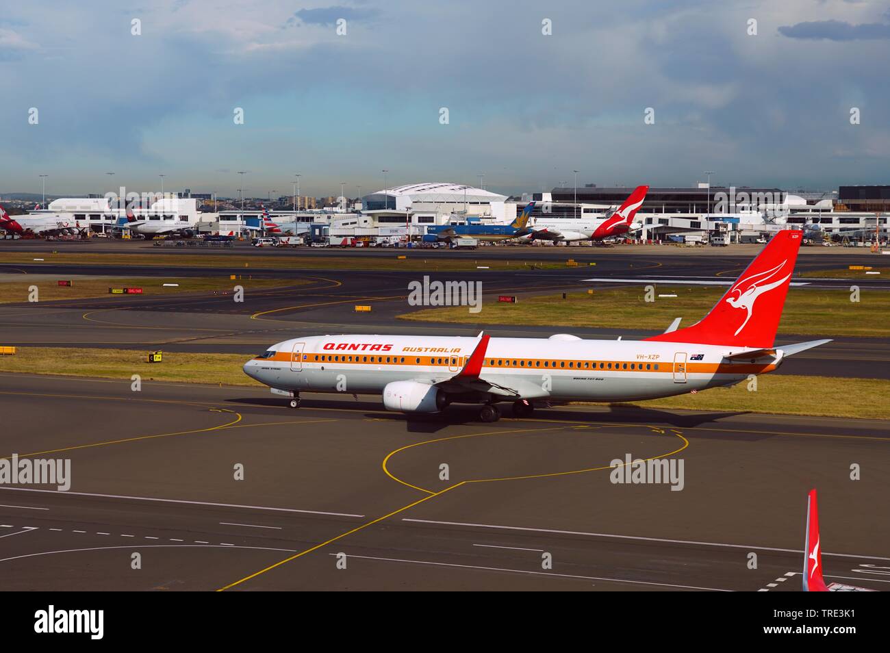 SYDNEY, AUSTRALIA -20 JUL 2018- View of a Boeing 737-800 airplane from Australian airline Qantas (QF) painted in retro livery colors at the Kingsford Stock Photo