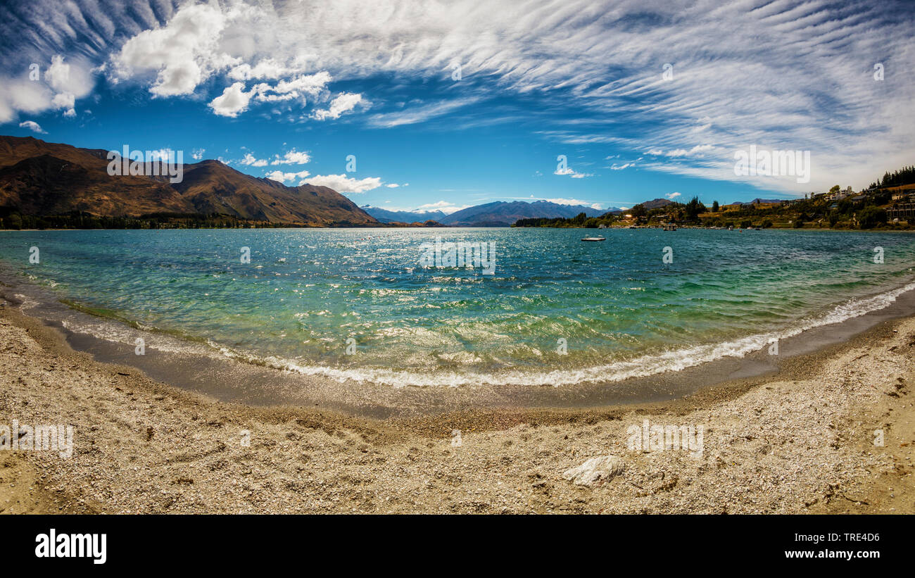 Panoramic view over Lake Wanaka, New Zealand, Otago Stock Photo