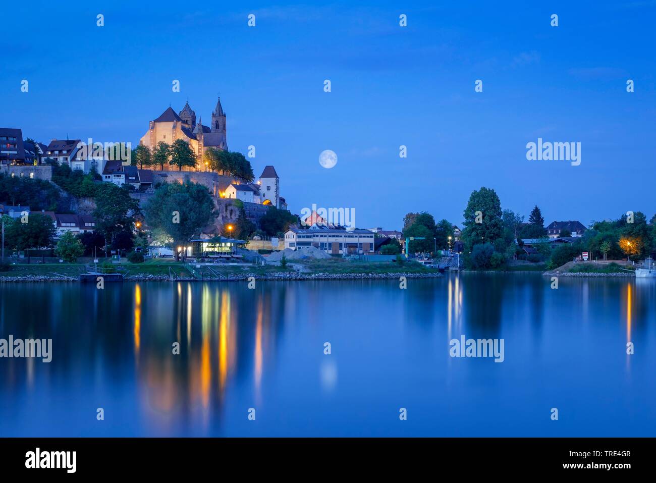 Breisach in the night seen from the opposite bank of the river Rhine, Germany, Baden-Wuerttemberg, Breisach Stock Photo
