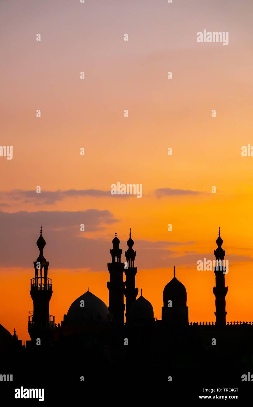 Cairo at sundown with the silhouette of the Al-Rifai and the Sultan Hassan mosques, Egypt, Kairo Stock Photo