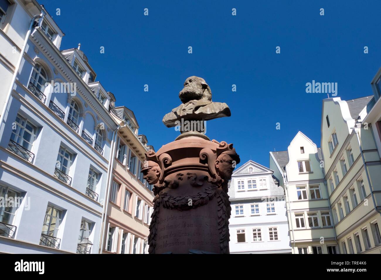 Dom-Roemer Project, Huehnermarkt with statue, Germany, Hesse, Frankfurt am Main Stock Photo