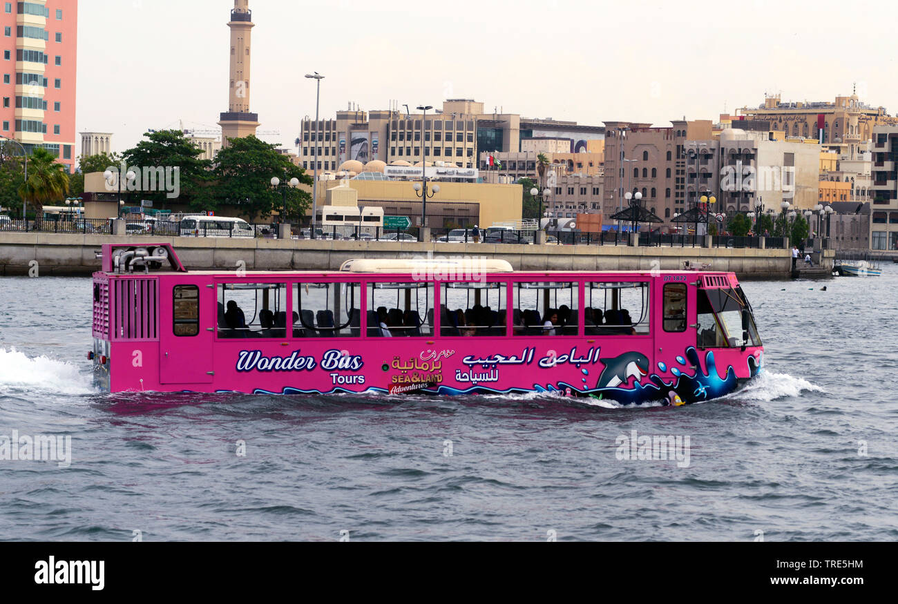 Amphibious bus near the area called Deira in the city of Dubai, United Arab Emirates, Dubai Stock Photo
