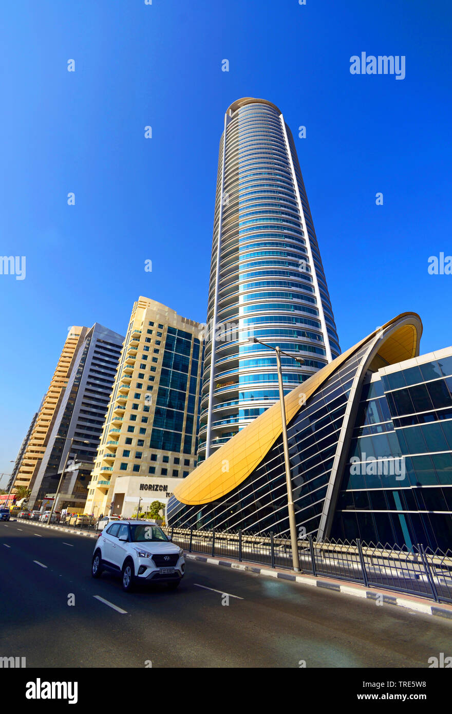 skyscrapers and metro station, United Arab Emirates, Dubai Stock Photo