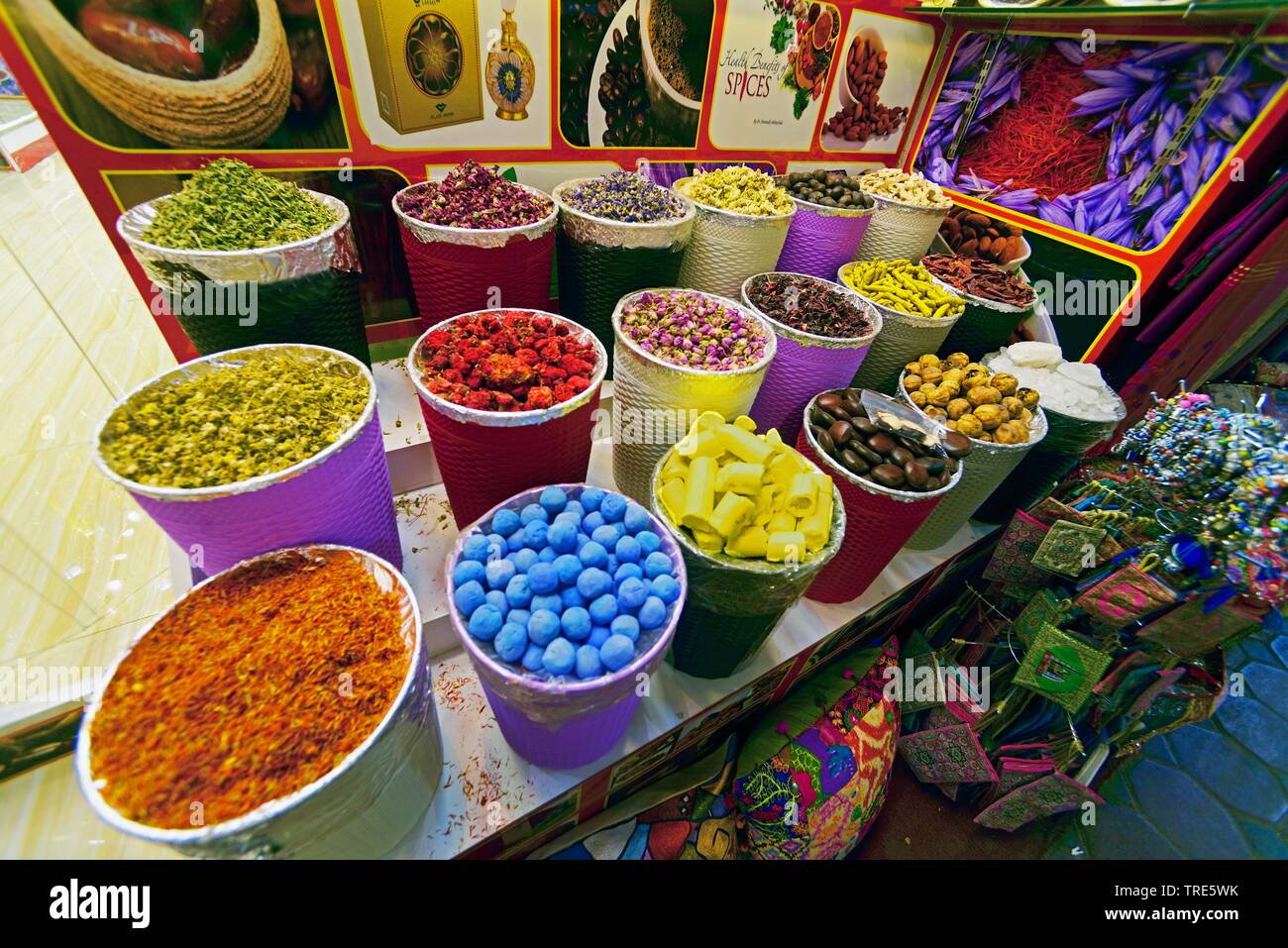 market stand with spices, soaps, incenses and seasonings, United Arab Emirates, Deira, Dubai Stock Photo