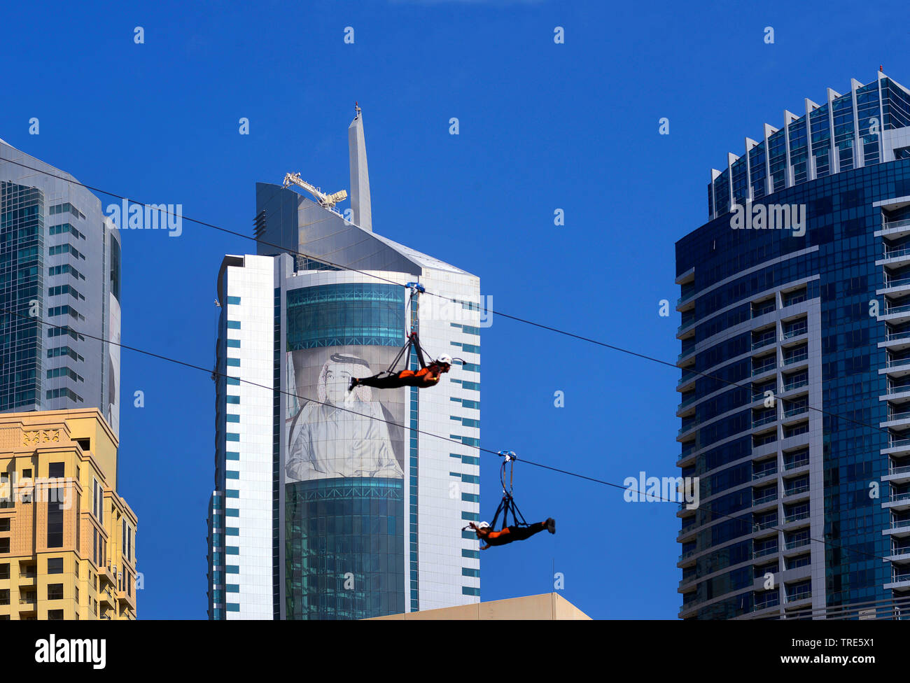 greatest zip-line down town beetween skyscrapers, United Arab Emirates, Marina Dubai, Dubai Stock Photo