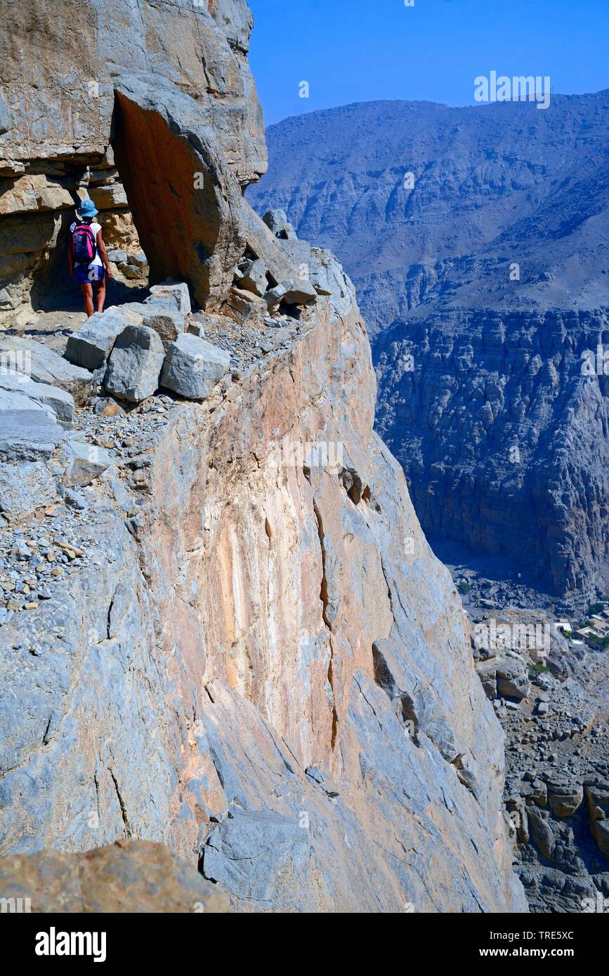 trek at the rock face, Oman, Musandam, Khasab Stock Photo