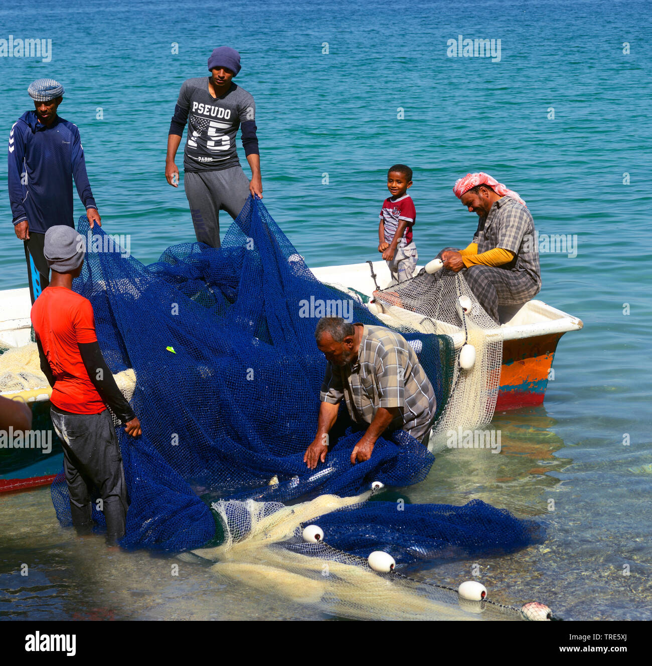fishermen searching for fishes in the fishing net, Oman, Khasab Stock Photo