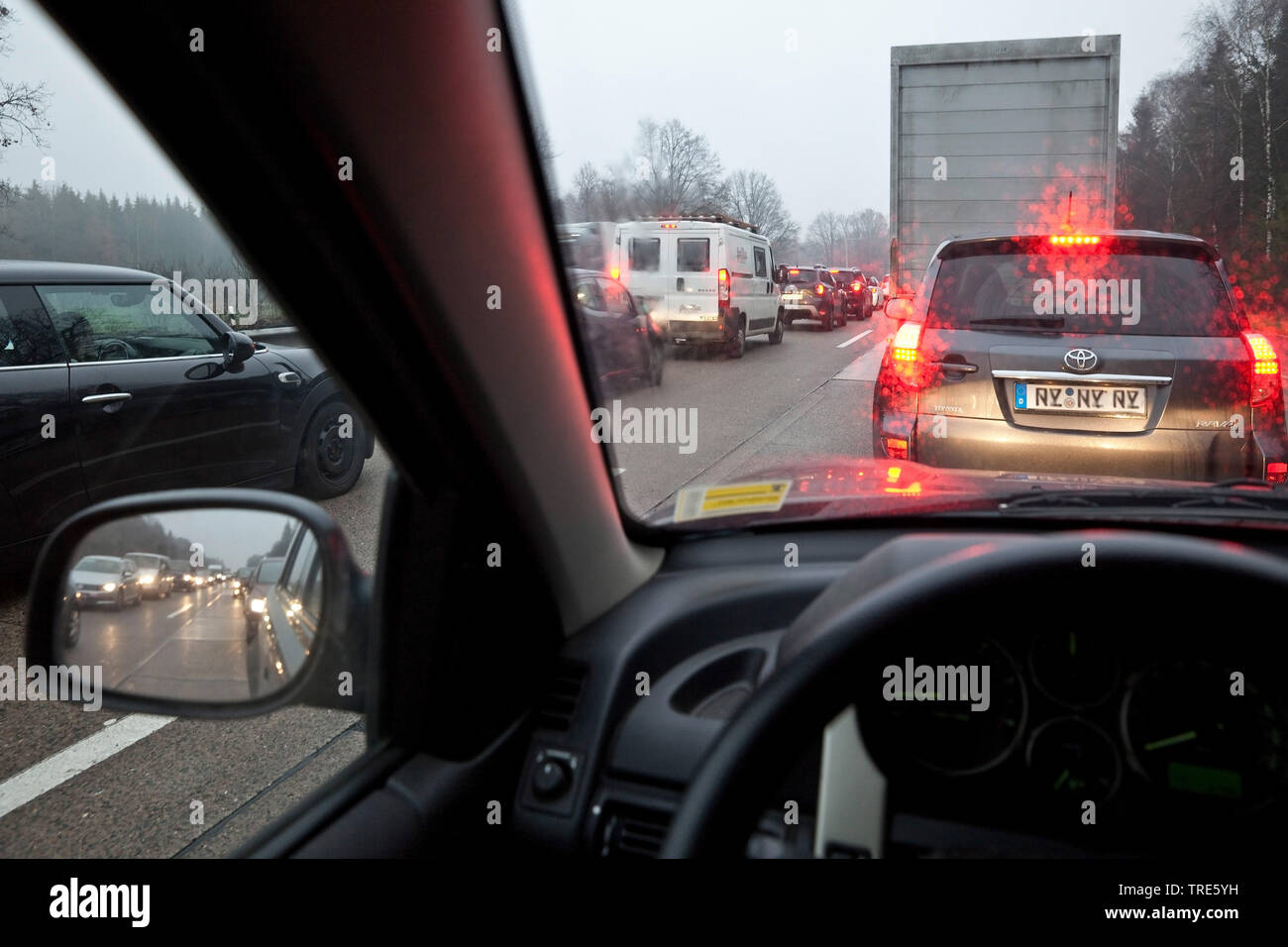 view out of a car to the traffic jam on the motorway, Germany, Lower Saxony, Soltau Stock Photo