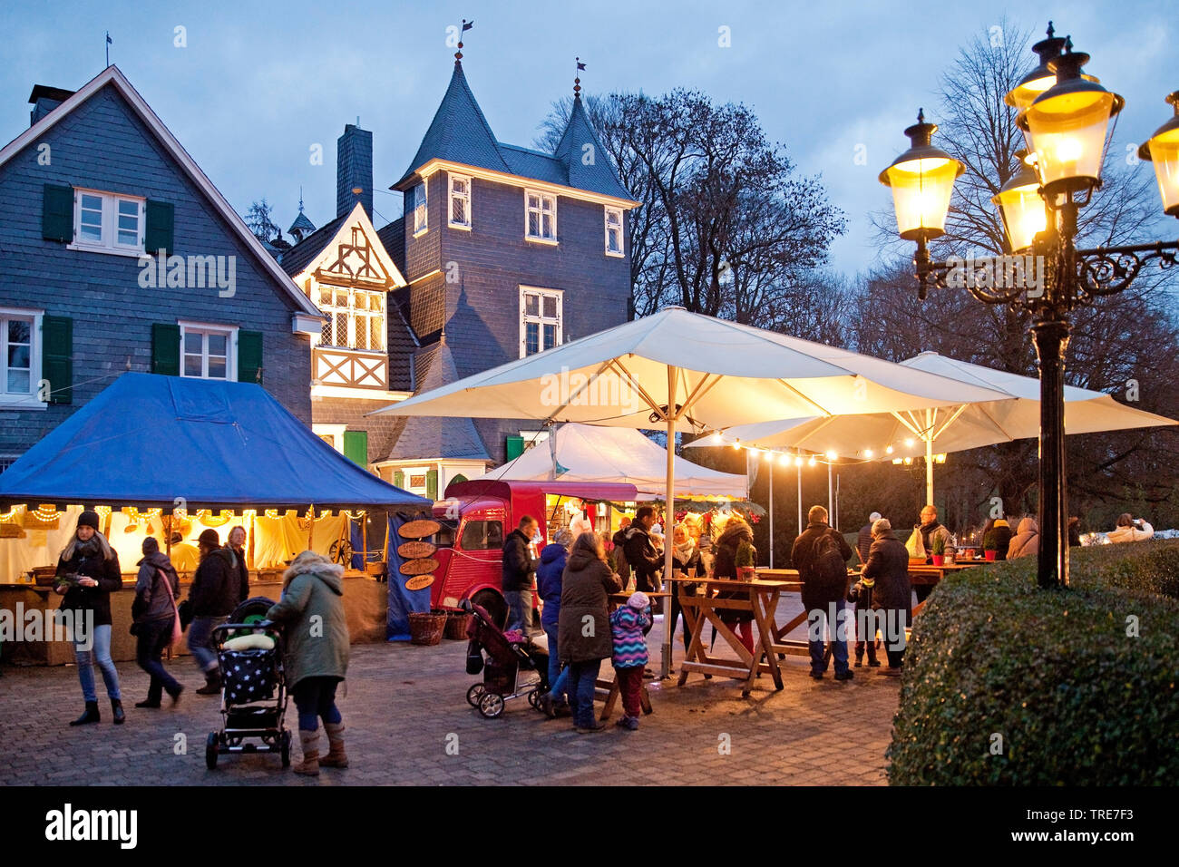 Christmas market in front of Gruenewald castle in the evening, Germany, North Rhine-Westphalia, Solingen Stock Photo