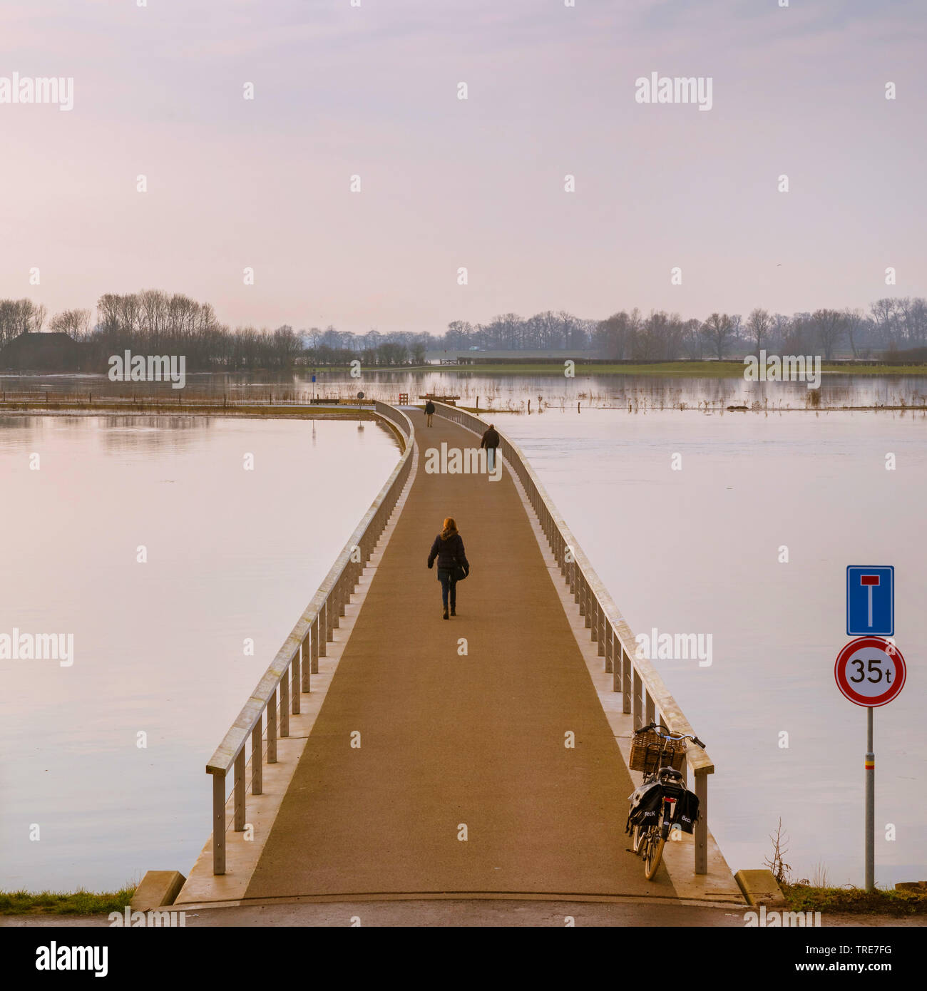 bridge in flooded IJssel river plains, Netherlands, Overijssel, Vreugderijkerwaard, Zwolle Stock Photo
