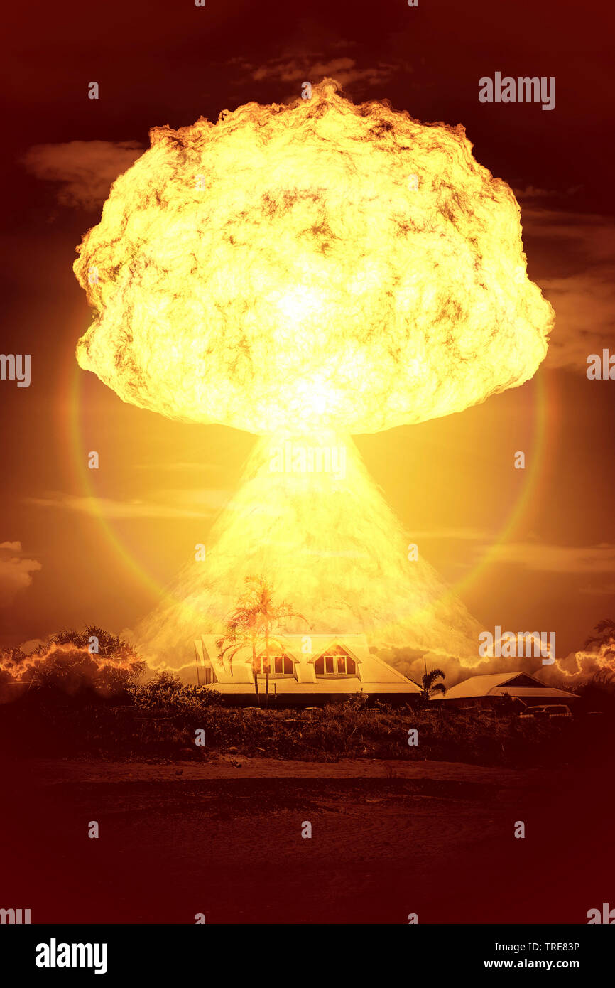 explosion of a nuclear bomb over a house, computer animation, Europe Stock Photo