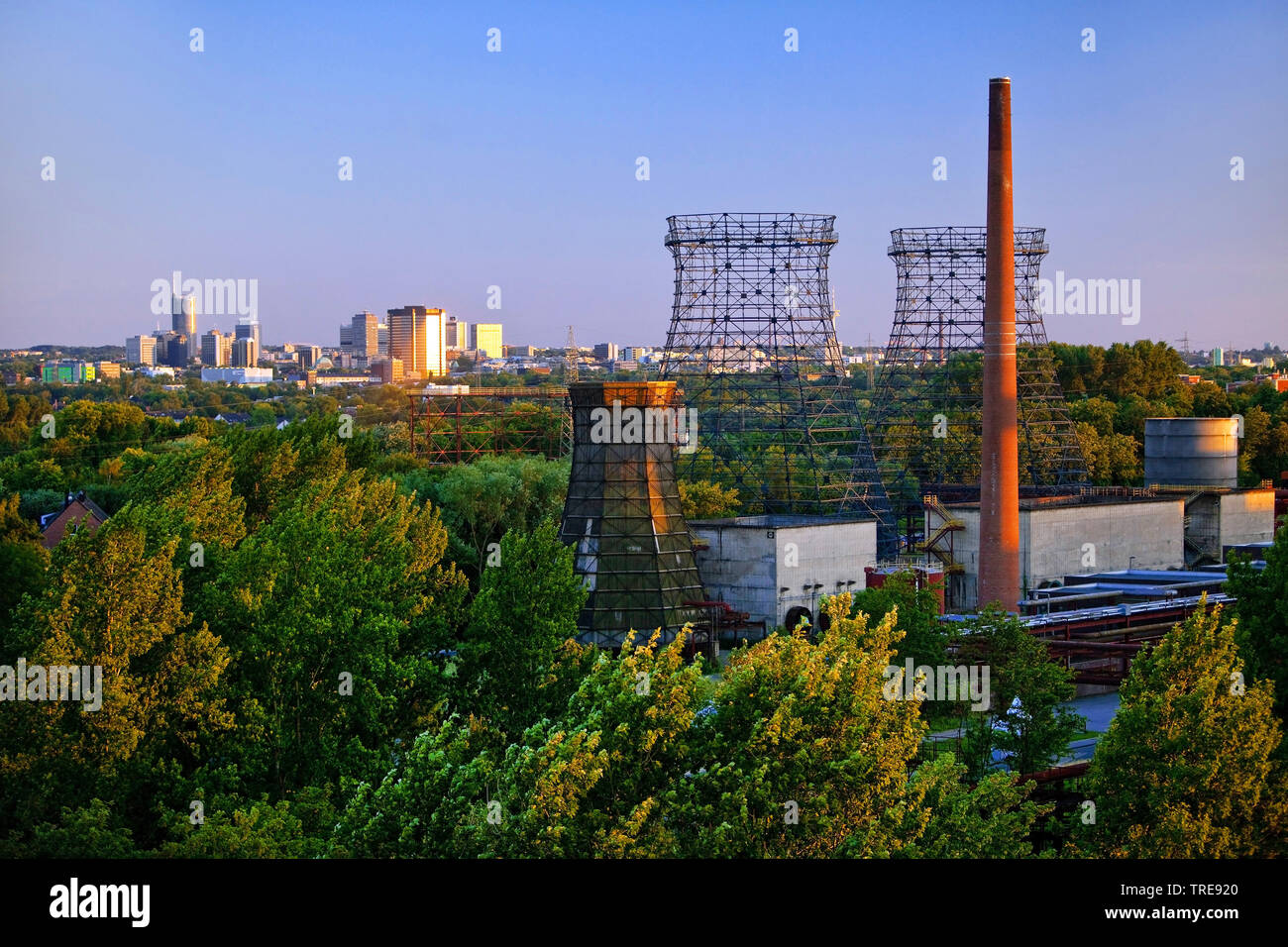 view from Zeche Zollverein to the inner city, Germany, North Rhine-Westphalia, Ruhr Area, Essen Stock Photo