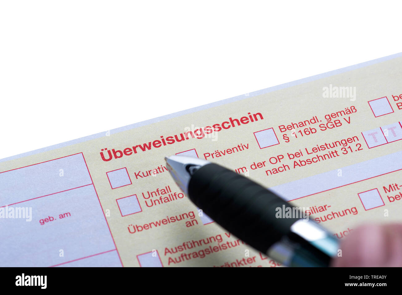 Close up of a letter of referral for medical treatment (German) Stock Photo