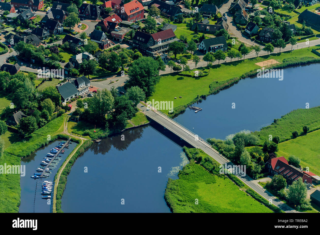 North Frisia river scenery with bridge and shore of the Treene near Schwabstedt, aerial view, Germany, Schleswig-Holstein, Northern Frisia, Schwabstedt Stock Photo