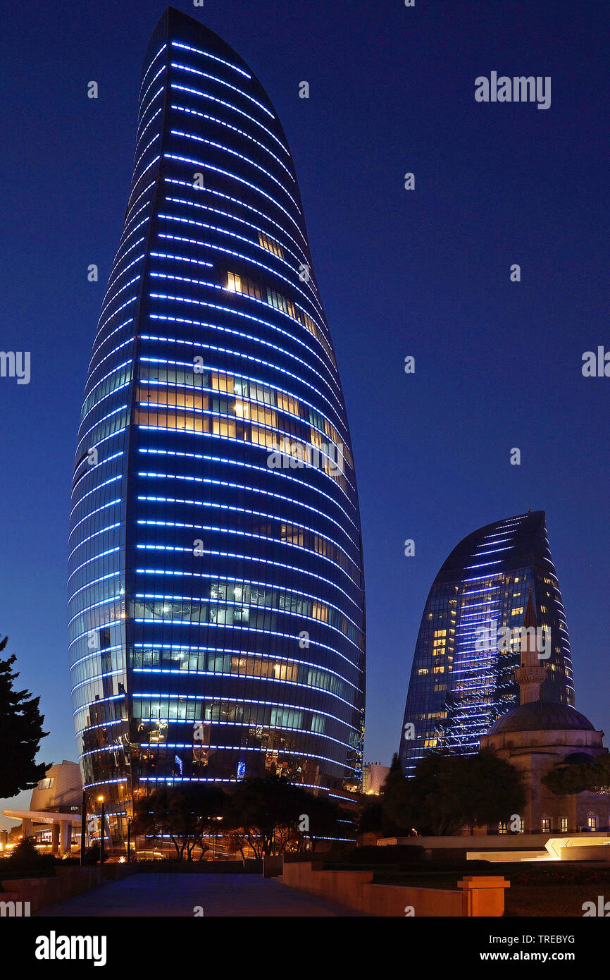 illuminated Flame Towers at night, Azerbaijan, Baku Stock Photo