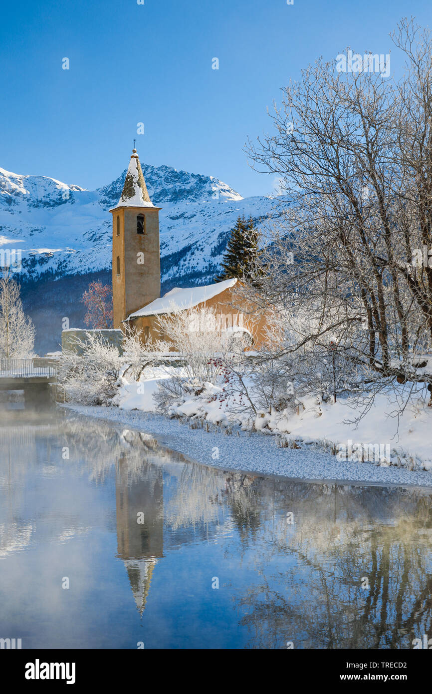 St. Lorenz Church in Sils, Switzerland, Grisons, Oberengadin, Sils Stock Photo