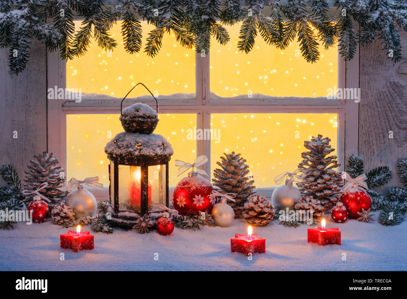 lantern with christmas decoration on a ledge, Switzerland Stock Photo