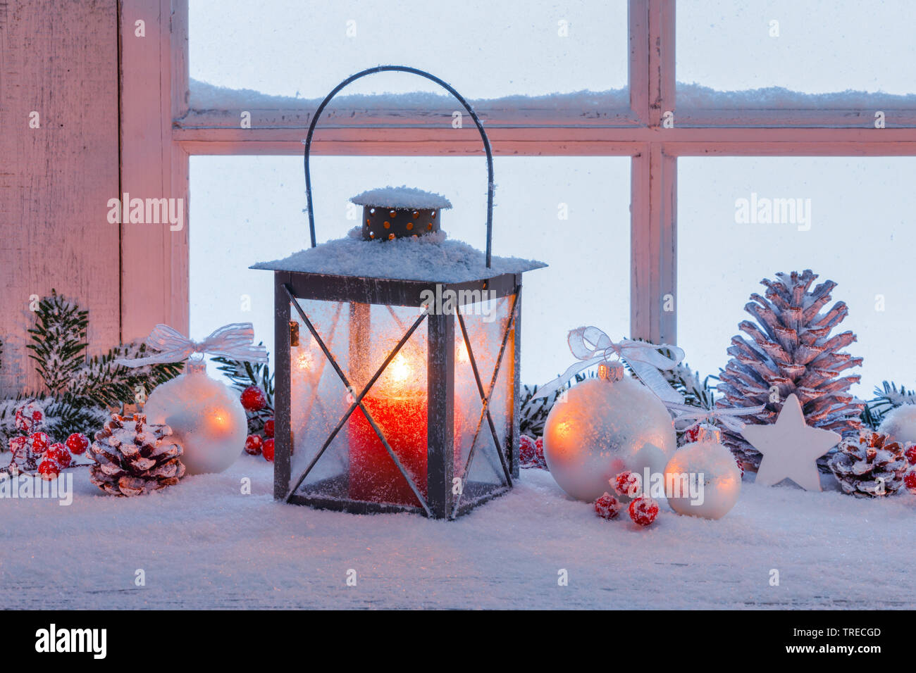 lantern with christmas decoration on a ledge, Switzerland Stock Photo