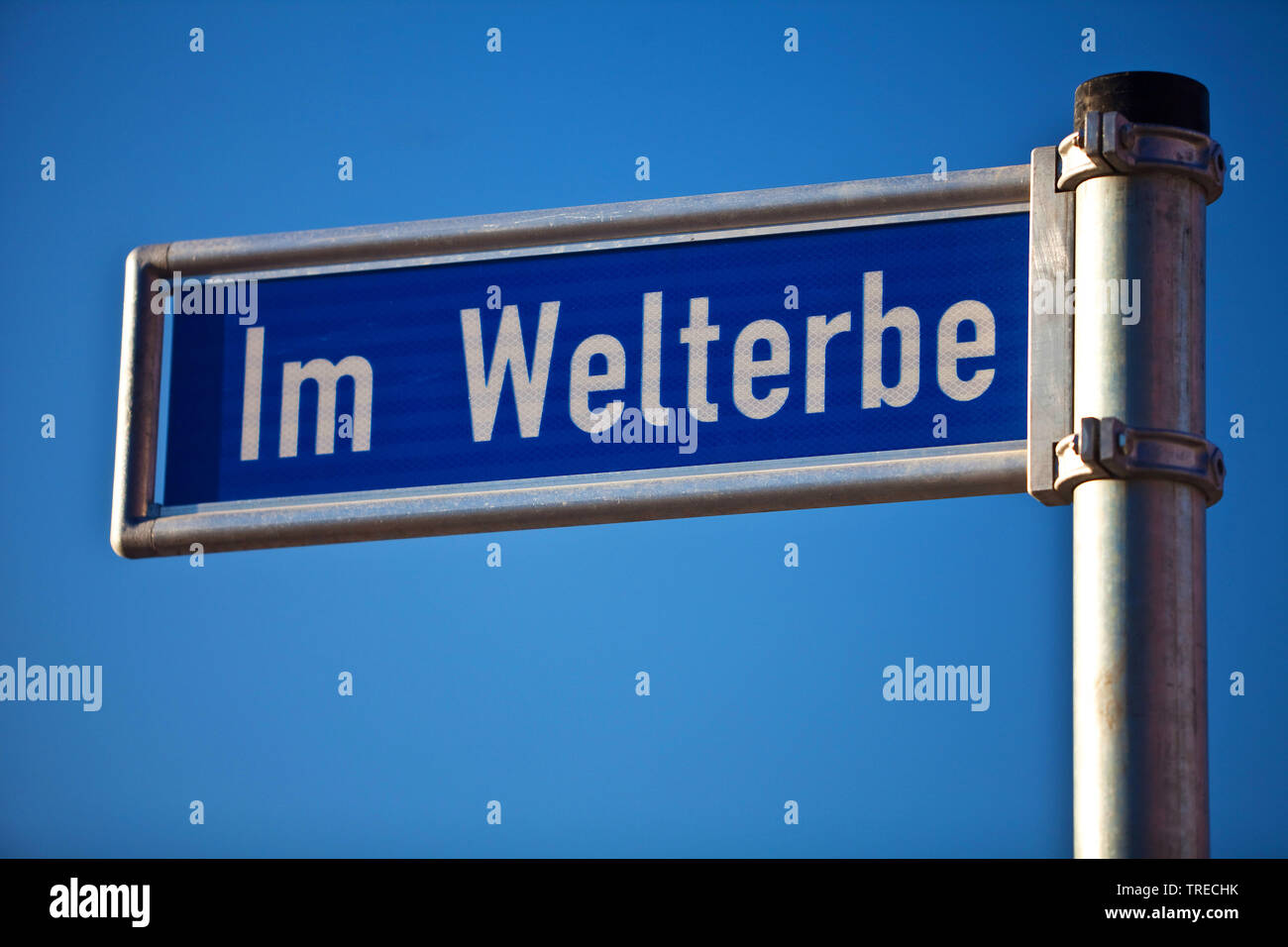 street name sign Im Welterbe, Germany, North Rhine-Westphalia, Ruhr Area, Essen Stock Photo